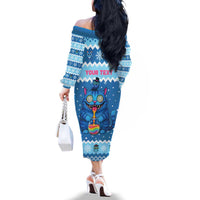 Personalized Trippy Catmas Family Matching Off The Shoulder Long Sleeve Dress and Hawaiian Shirt Cute Blue Derpy Cat and Owl Companion - Wonder Print Shop