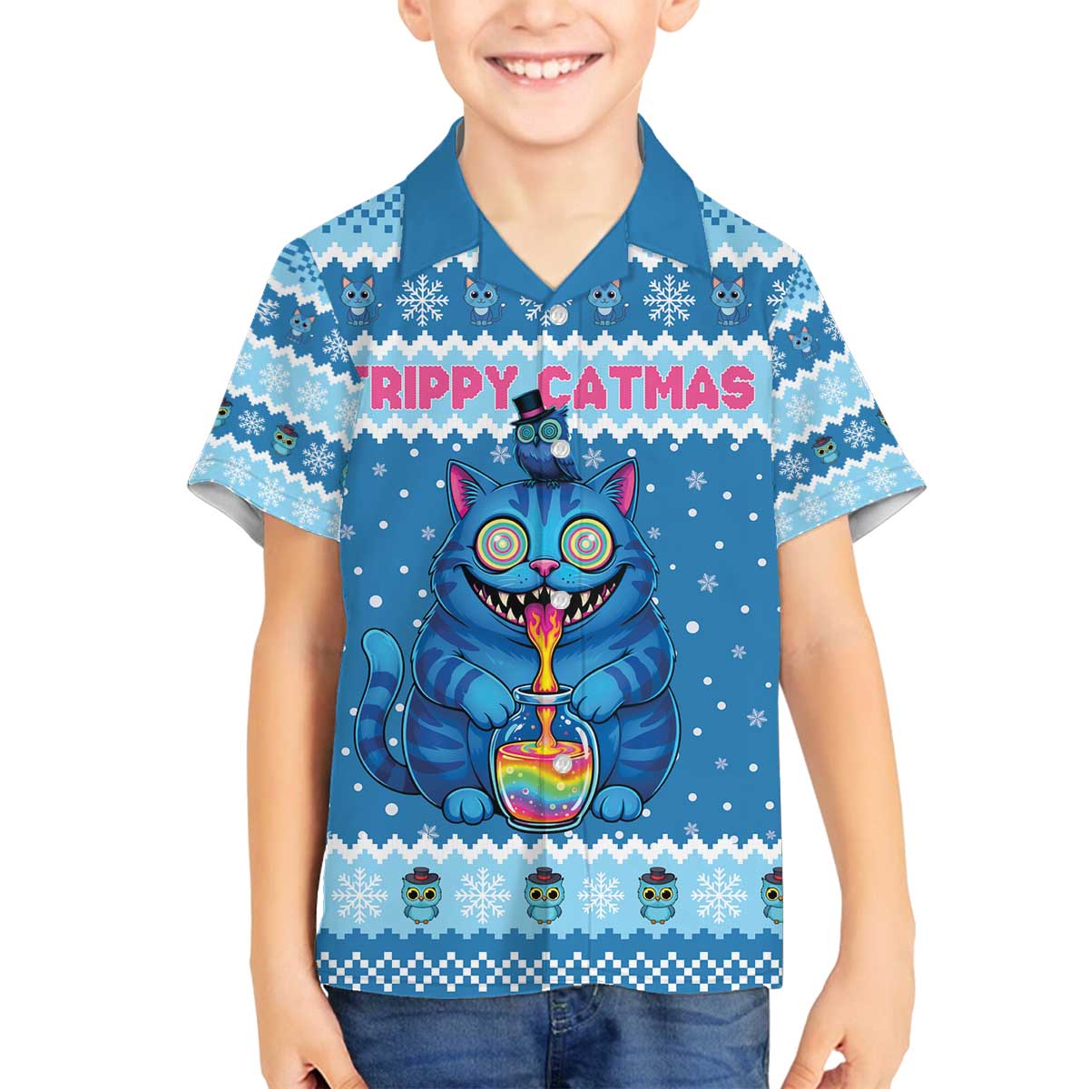 Personalized Trippy Catmas Family Matching Off The Shoulder Long Sleeve Dress and Hawaiian Shirt Cute Blue Derpy Cat and Owl Companion - Wonder Print Shop