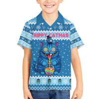 Personalized Trippy Catmas Family Matching Off The Shoulder Long Sleeve Dress and Hawaiian Shirt Cute Blue Derpy Cat and Owl Companion - Wonder Print Shop