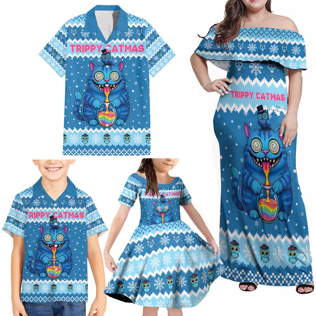 Personalized Trippy Catmas Family Matching Off Shoulder Maxi Dress and Hawaiian Shirt Cute Blue Derpy Cat and Owl Companion - Wonder Print Shop