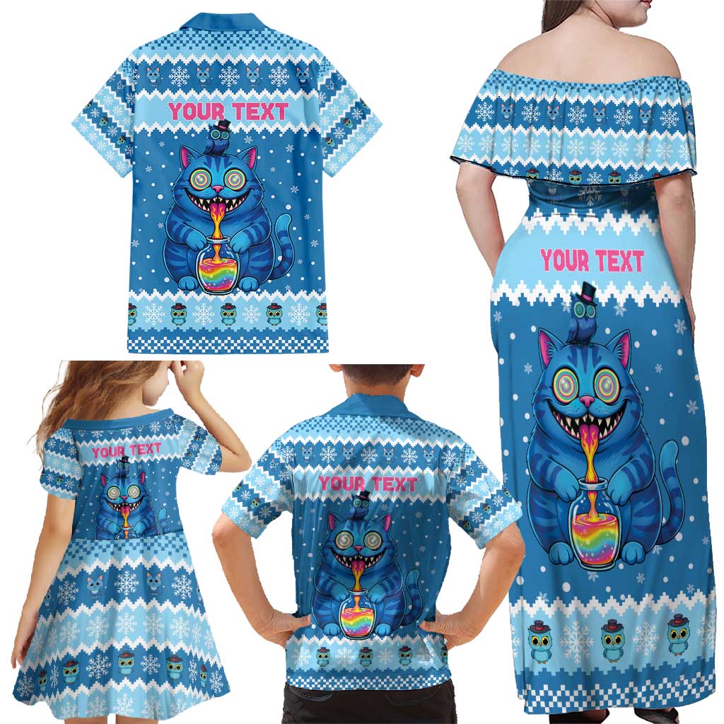 Personalized Trippy Catmas Family Matching Off Shoulder Maxi Dress and Hawaiian Shirt Cute Blue Derpy Cat and Owl Companion - Wonder Print Shop