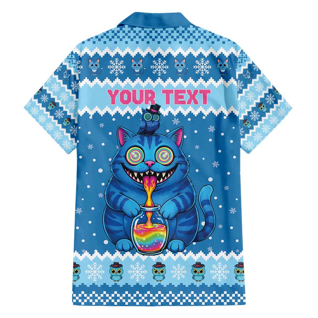 Personalized Trippy Catmas Family Matching Off Shoulder Maxi Dress and Hawaiian Shirt Cute Blue Derpy Cat and Owl Companion - Wonder Print Shop