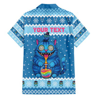 Personalized Trippy Catmas Family Matching Off Shoulder Maxi Dress and Hawaiian Shirt Cute Blue Derpy Cat and Owl Companion - Wonder Print Shop