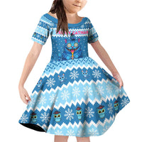 Personalized Trippy Catmas Family Matching Off Shoulder Short Dress and Hawaiian Shirt Cute Blue Derpy Cat and Owl Companion - Wonder Print Shop