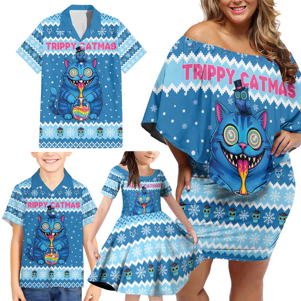 Personalized Trippy Catmas Family Matching Off Shoulder Short Dress and Hawaiian Shirt Cute Blue Derpy Cat and Owl Companion - Wonder Print Shop