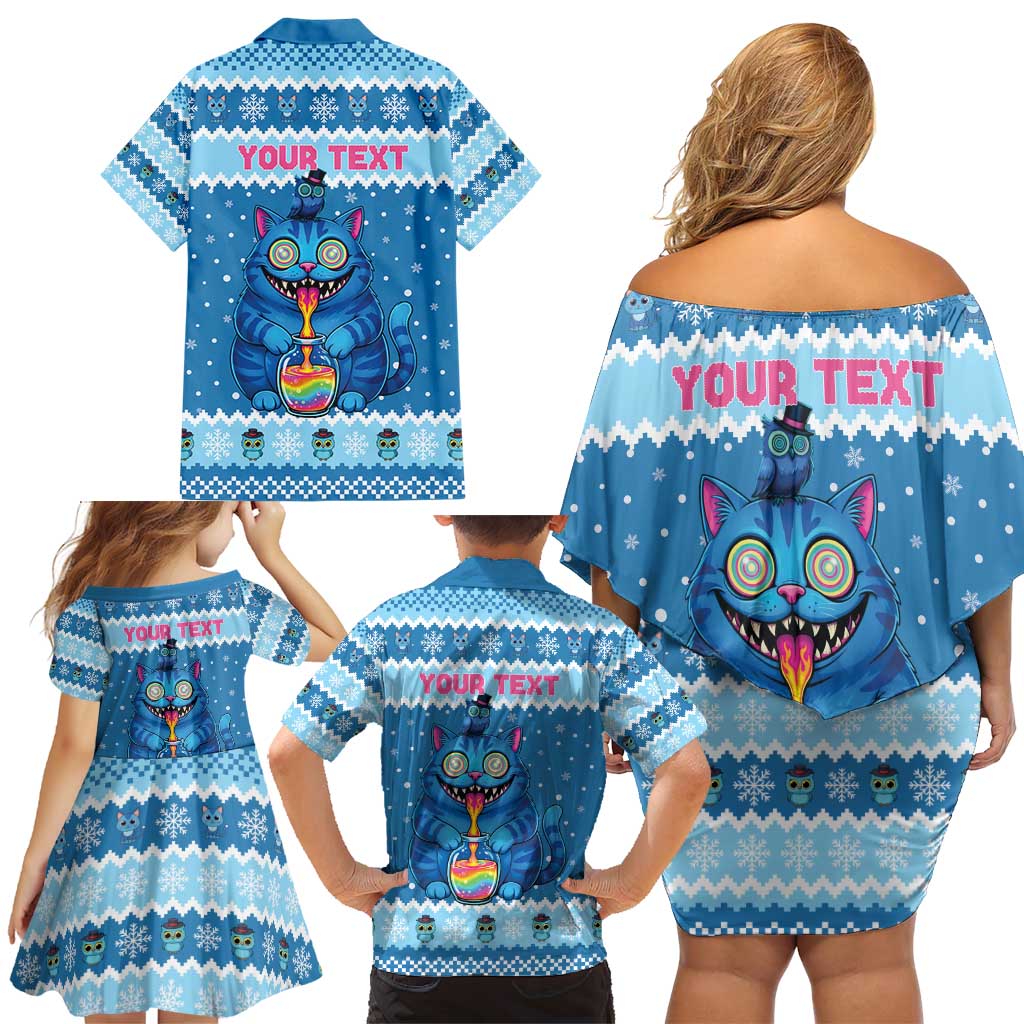 Personalized Trippy Catmas Family Matching Off Shoulder Short Dress and Hawaiian Shirt Cute Blue Derpy Cat and Owl Companion - Wonder Print Shop