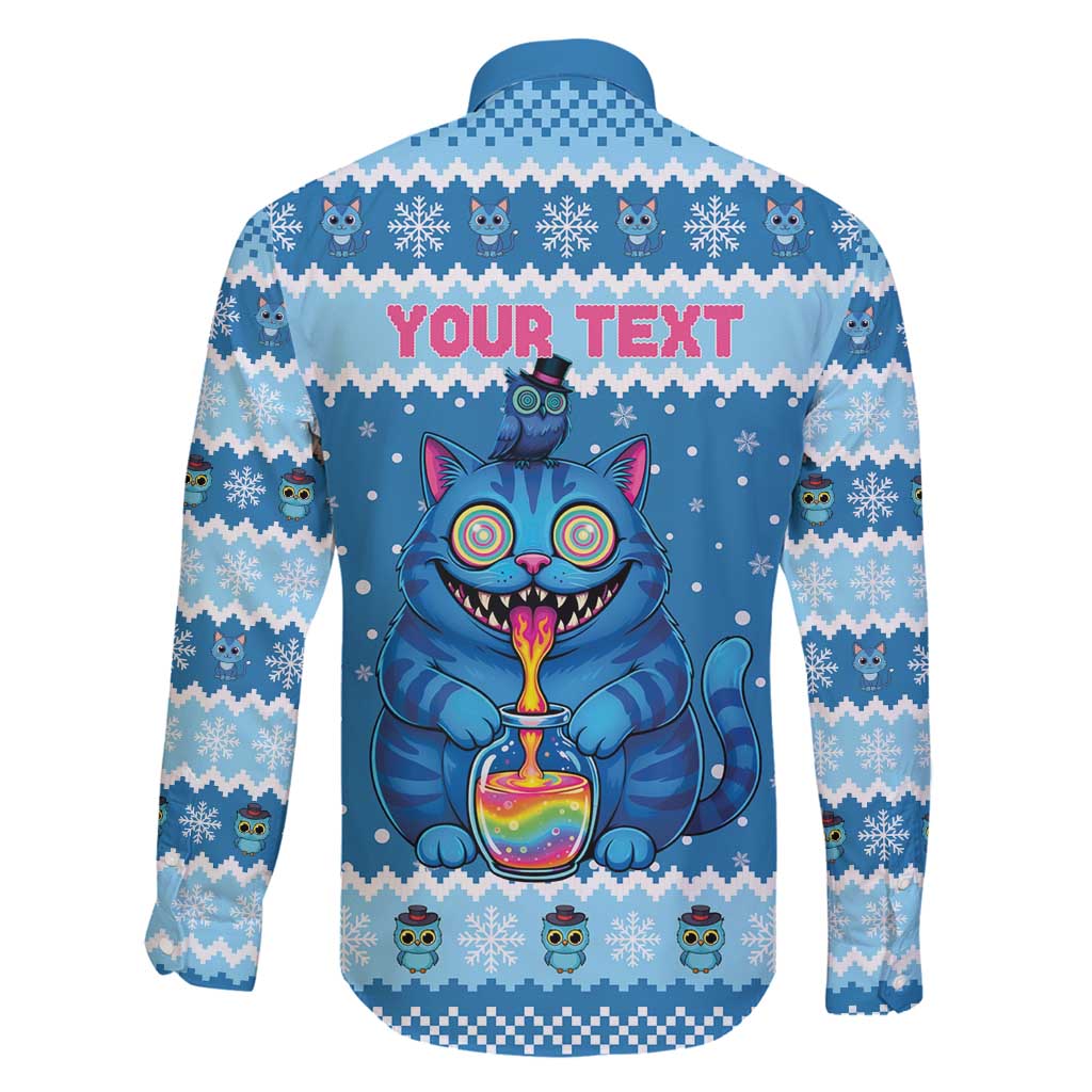 Personalized Trippy Catmas Family Matching Off Shoulder Short Dress and Hawaiian Shirt Cute Blue Derpy Cat and Owl Companion - Wonder Print Shop