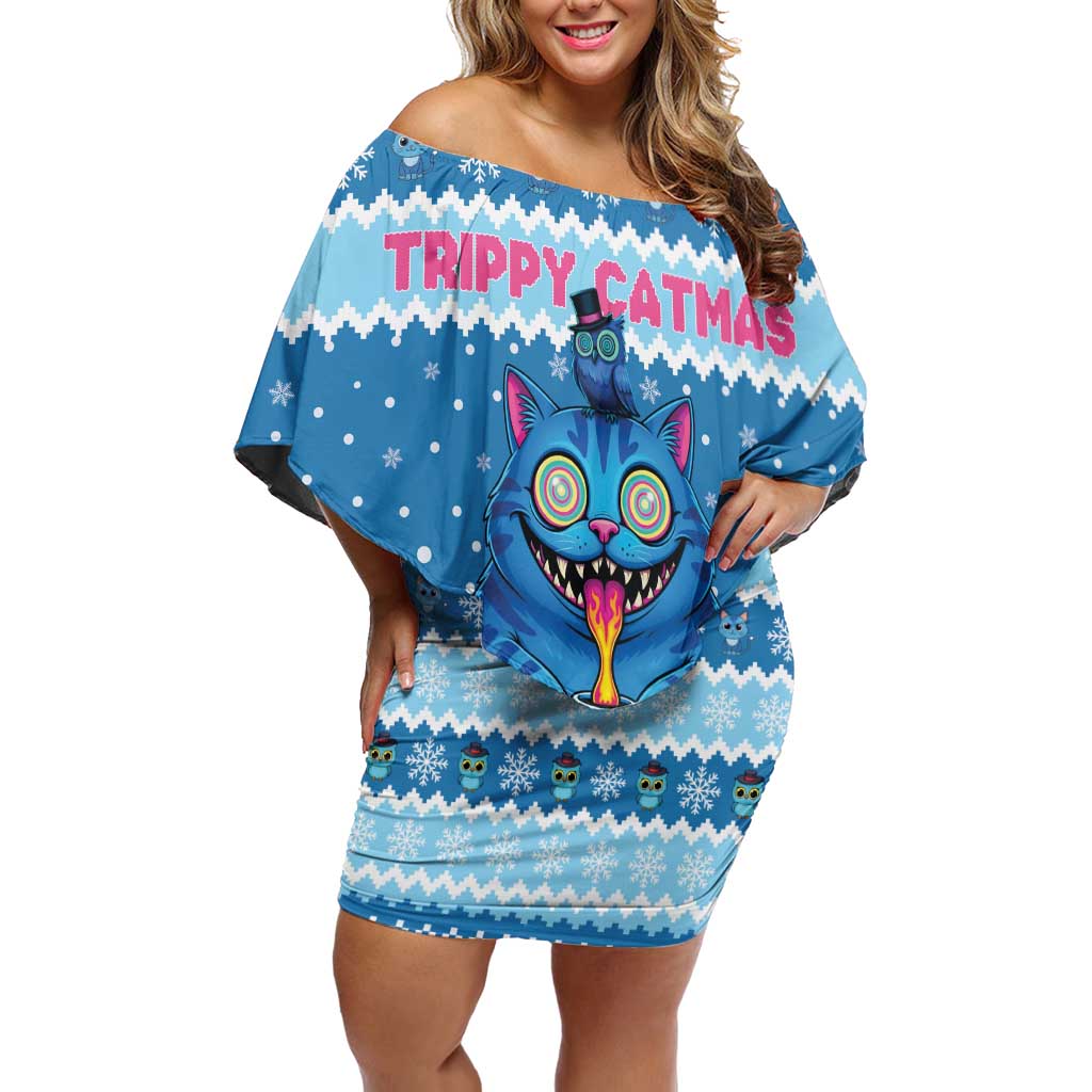 Personalized Trippy Catmas Family Matching Off Shoulder Short Dress and Hawaiian Shirt Cute Blue Derpy Cat and Owl Companion - Wonder Print Shop