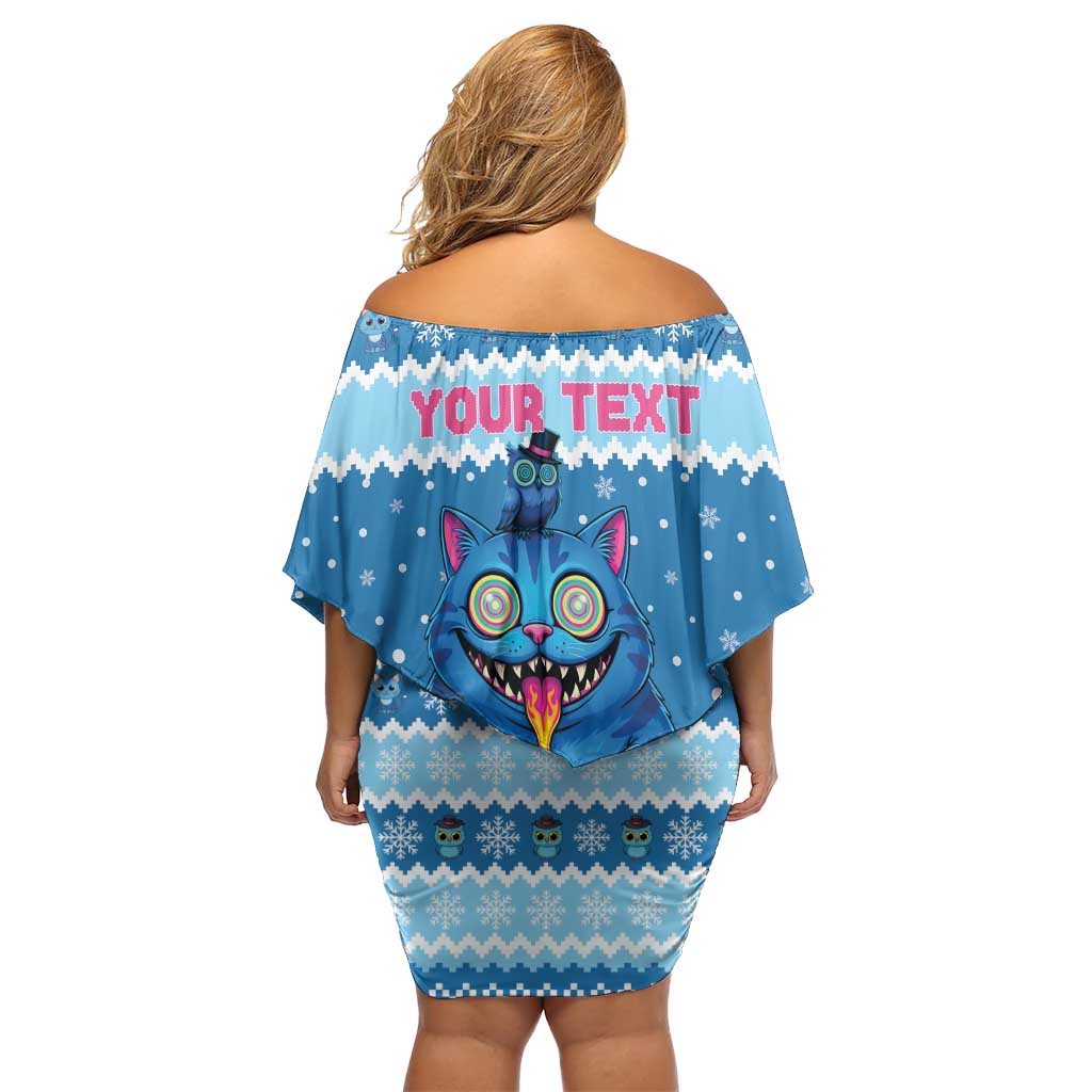 Personalized Trippy Catmas Family Matching Off Shoulder Short Dress and Hawaiian Shirt Cute Blue Derpy Cat and Owl Companion - Wonder Print Shop