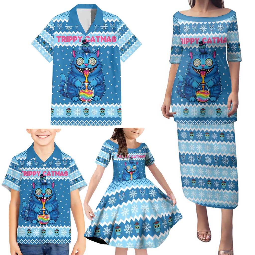 Personalized Trippy Catmas Family Matching Puletasi and Hawaiian Shirt Cute Blue Derpy Cat and Owl Companion - Wonder Print Shop