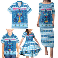 Personalized Trippy Catmas Family Matching Puletasi and Hawaiian Shirt Cute Blue Derpy Cat and Owl Companion - Wonder Print Shop