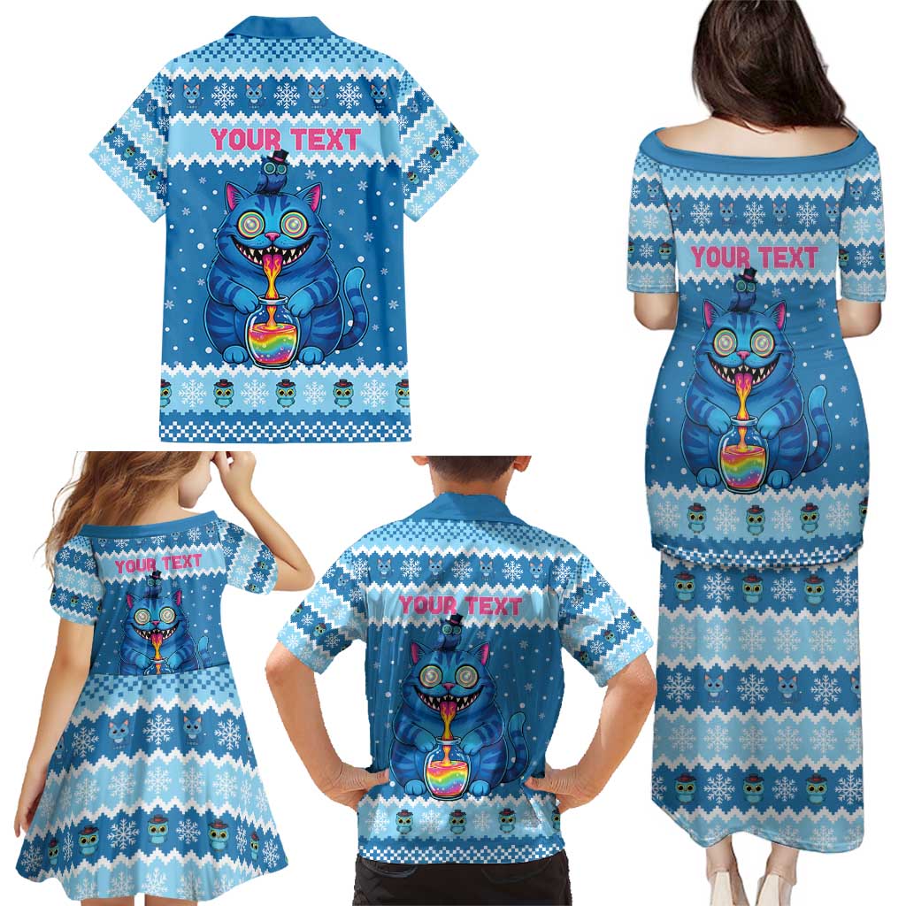 Personalized Trippy Catmas Family Matching Puletasi and Hawaiian Shirt Cute Blue Derpy Cat and Owl Companion - Wonder Print Shop