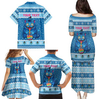 Personalized Trippy Catmas Family Matching Puletasi and Hawaiian Shirt Cute Blue Derpy Cat and Owl Companion - Wonder Print Shop