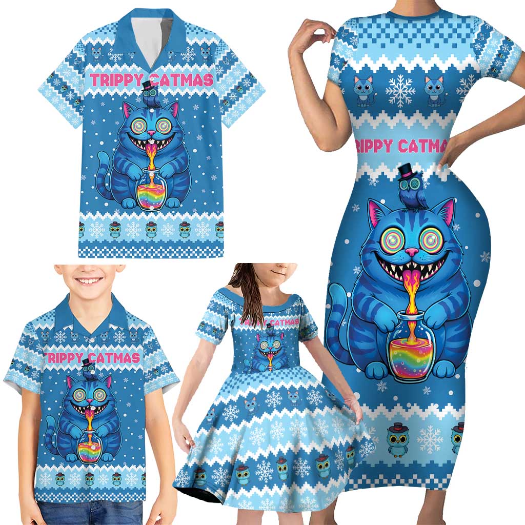 Personalized Trippy Catmas Family Matching Short Sleeve Bodycon Dress and Hawaiian Shirt Cute Blue Derpy Cat and Owl Companion - Wonder Print Shop