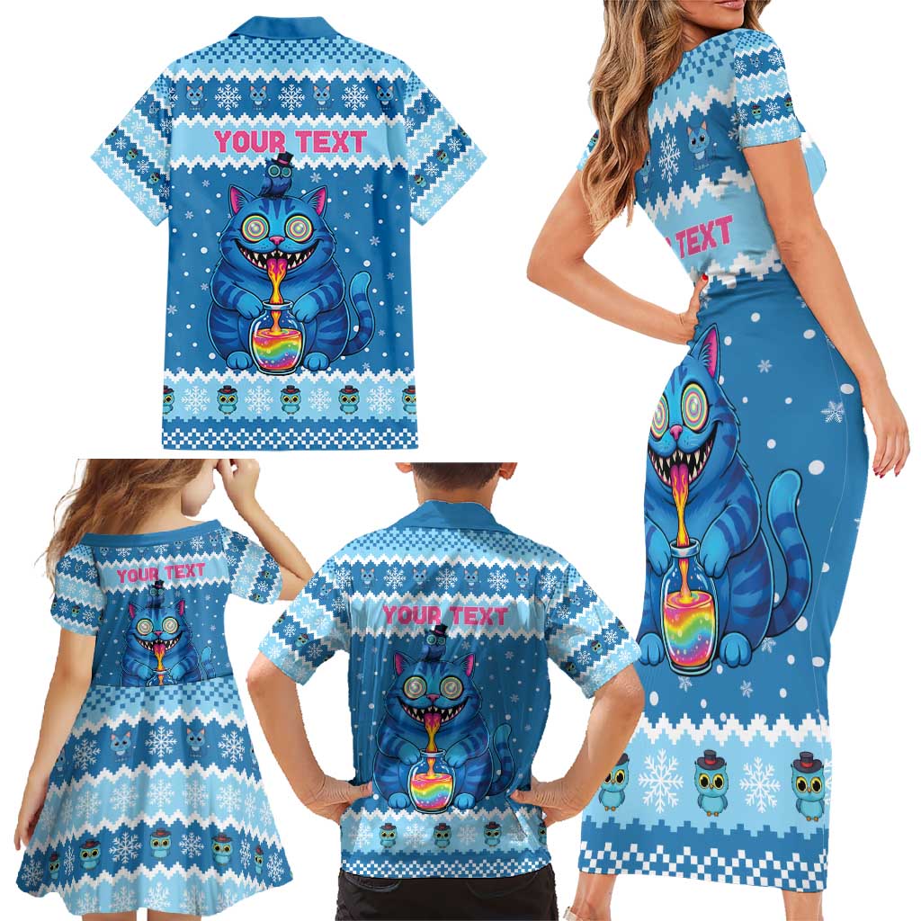 Personalized Trippy Catmas Family Matching Short Sleeve Bodycon Dress and Hawaiian Shirt Cute Blue Derpy Cat and Owl Companion - Wonder Print Shop