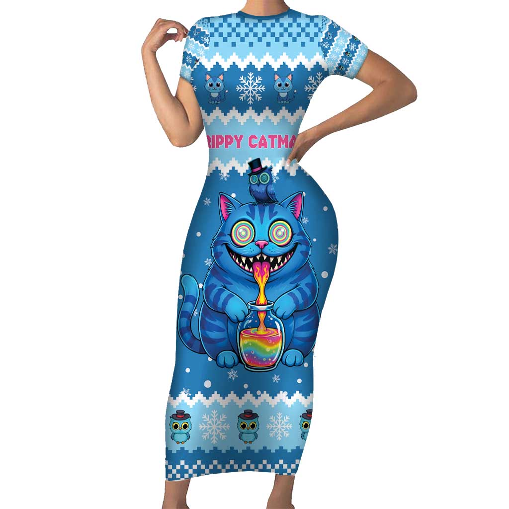 Personalized Trippy Catmas Family Matching Short Sleeve Bodycon Dress and Hawaiian Shirt Cute Blue Derpy Cat and Owl Companion - Wonder Print Shop