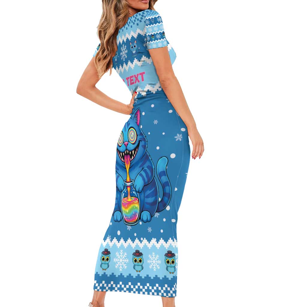 Personalized Trippy Catmas Family Matching Short Sleeve Bodycon Dress and Hawaiian Shirt Cute Blue Derpy Cat and Owl Companion - Wonder Print Shop