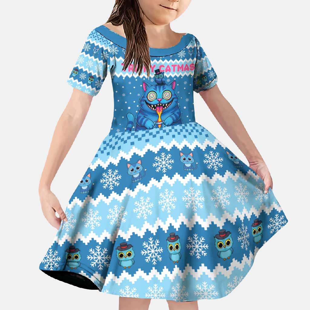 Personalized Trippy Catmas Family Matching Summer Maxi Dress and Hawaiian Shirt Cute Blue Derpy Cat and Owl Companion - Wonder Print Shop