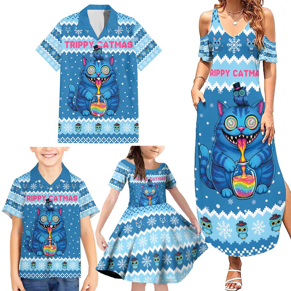 Personalized Trippy Catmas Family Matching Summer Maxi Dress and Hawaiian Shirt Cute Blue Derpy Cat and Owl Companion - Wonder Print Shop