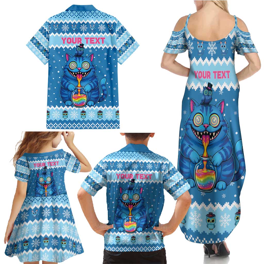 Personalized Trippy Catmas Family Matching Summer Maxi Dress and Hawaiian Shirt Cute Blue Derpy Cat and Owl Companion - Wonder Print Shop