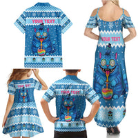 Personalized Trippy Catmas Family Matching Summer Maxi Dress and Hawaiian Shirt Cute Blue Derpy Cat and Owl Companion - Wonder Print Shop