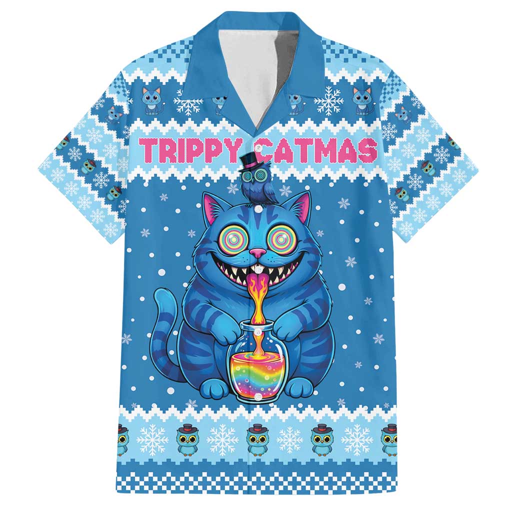 Personalized Trippy Catmas Family Matching Summer Maxi Dress and Hawaiian Shirt Cute Blue Derpy Cat and Owl Companion - Wonder Print Shop