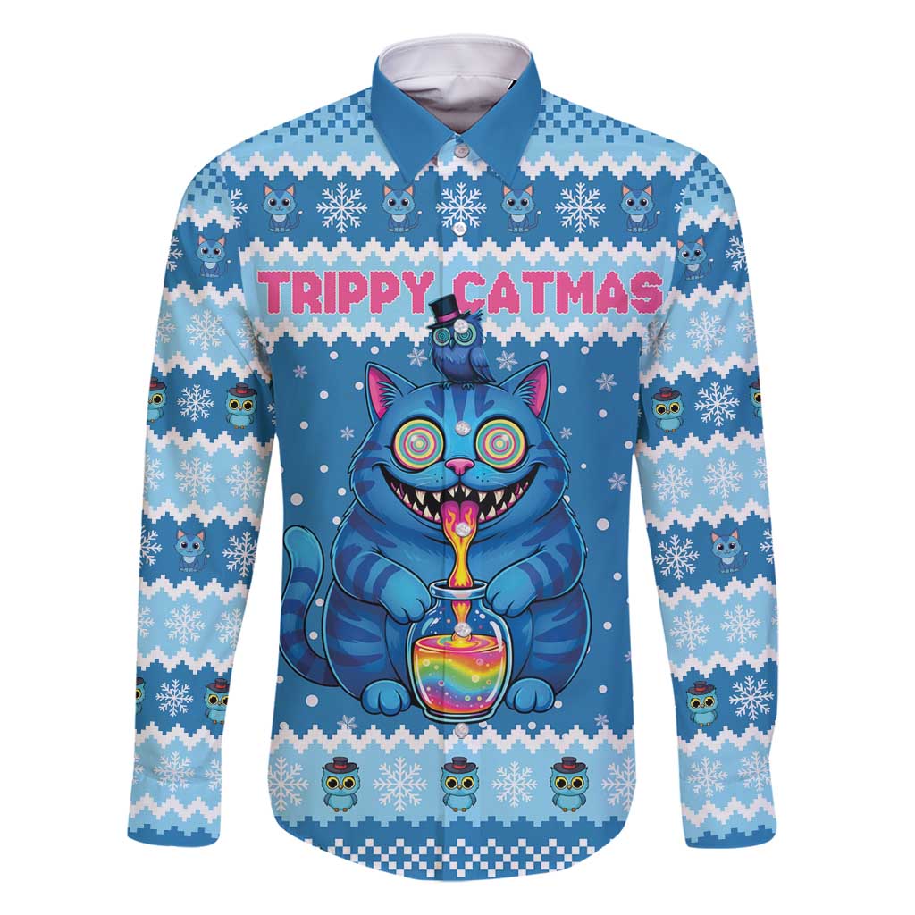 Personalized Trippy Catmas Family Matching Summer Maxi Dress and Hawaiian Shirt Cute Blue Derpy Cat and Owl Companion - Wonder Print Shop