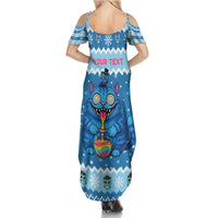 Personalized Trippy Catmas Family Matching Summer Maxi Dress and Hawaiian Shirt Cute Blue Derpy Cat and Owl Companion - Wonder Print Shop