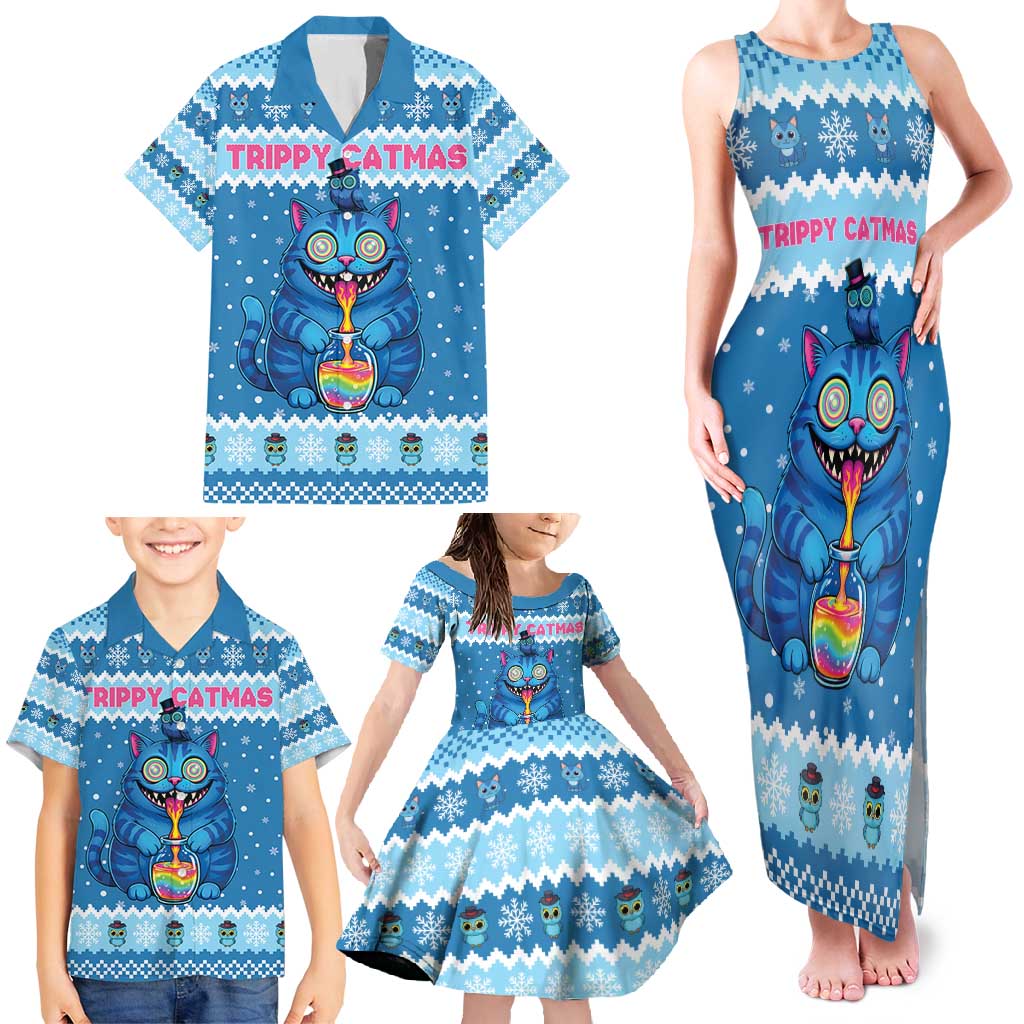 Personalized Trippy Catmas Family Matching Tank Maxi Dress and Hawaiian Shirt Cute Blue Derpy Cat and Owl Companion - Wonder Print Shop