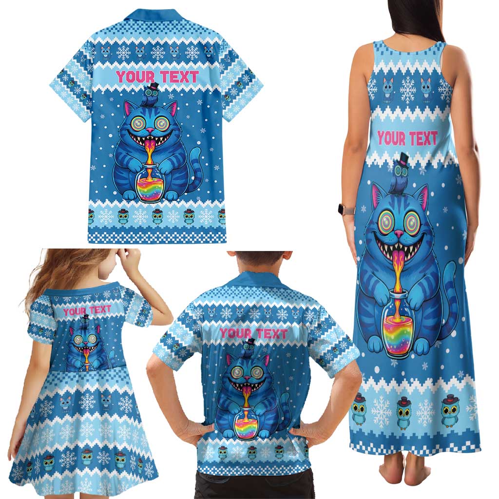 Personalized Trippy Catmas Family Matching Tank Maxi Dress and Hawaiian Shirt Cute Blue Derpy Cat and Owl Companion - Wonder Print Shop