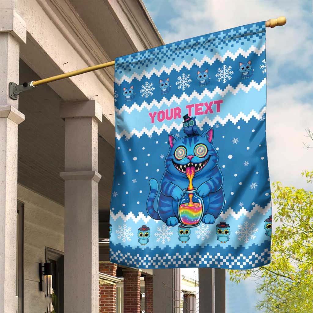 Personalized Trippy Catmas Garden Flag Cute Blue Derpy Cat and Owl Companion - Wonder Print Shop