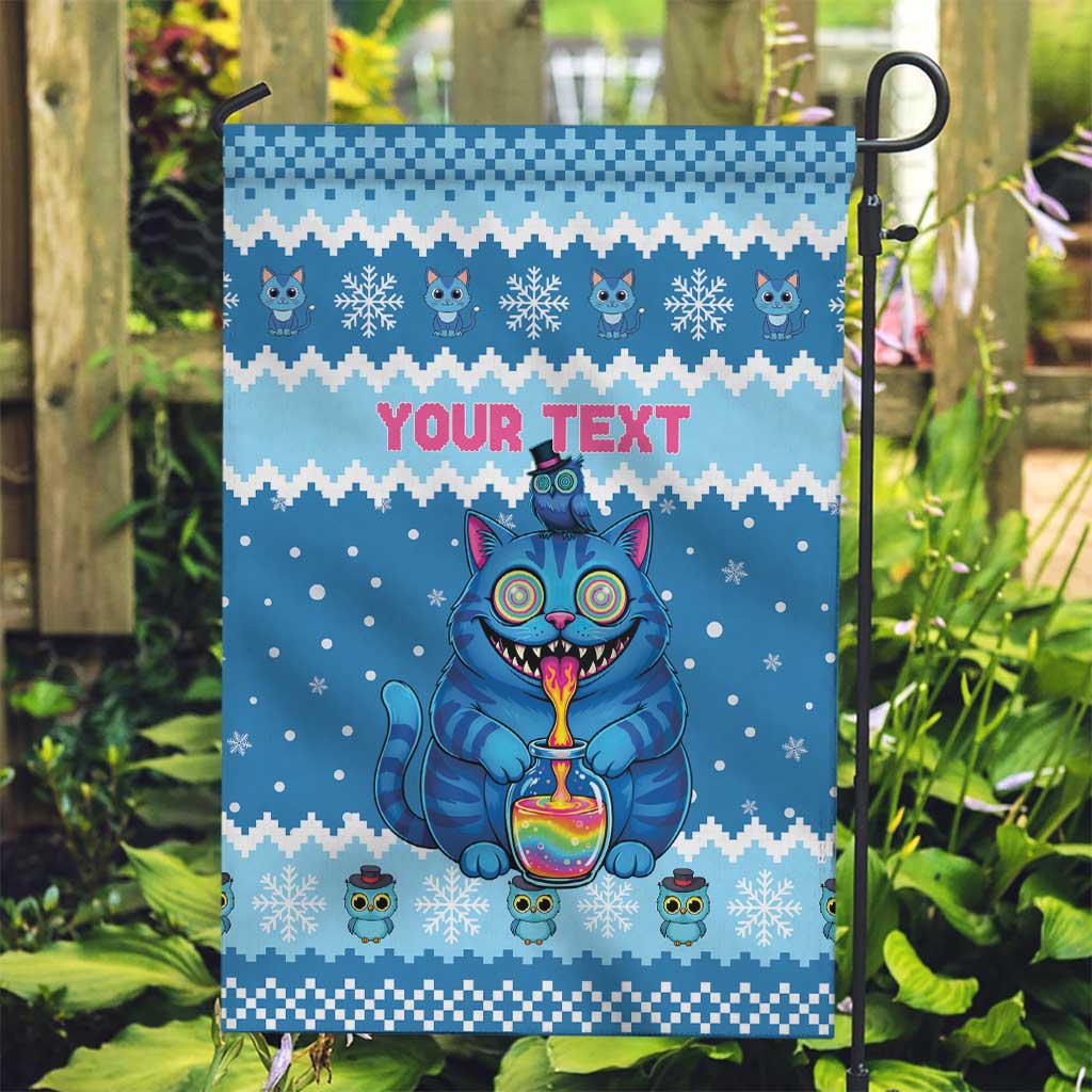 Personalized Trippy Catmas Garden Flag Cute Blue Derpy Cat and Owl Companion - Wonder Print Shop
