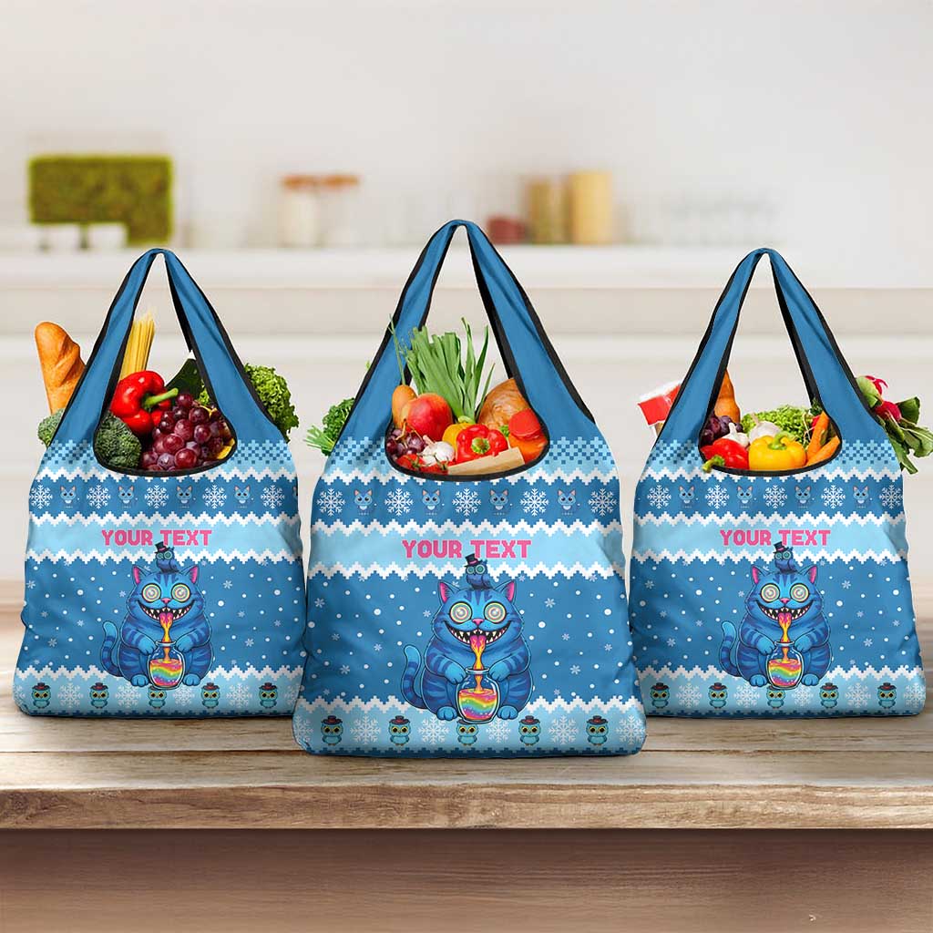 Personalized Trippy Catmas Grocery Bag Cute Blue Derpy Cat and Owl Companion - Wonder Print Shop