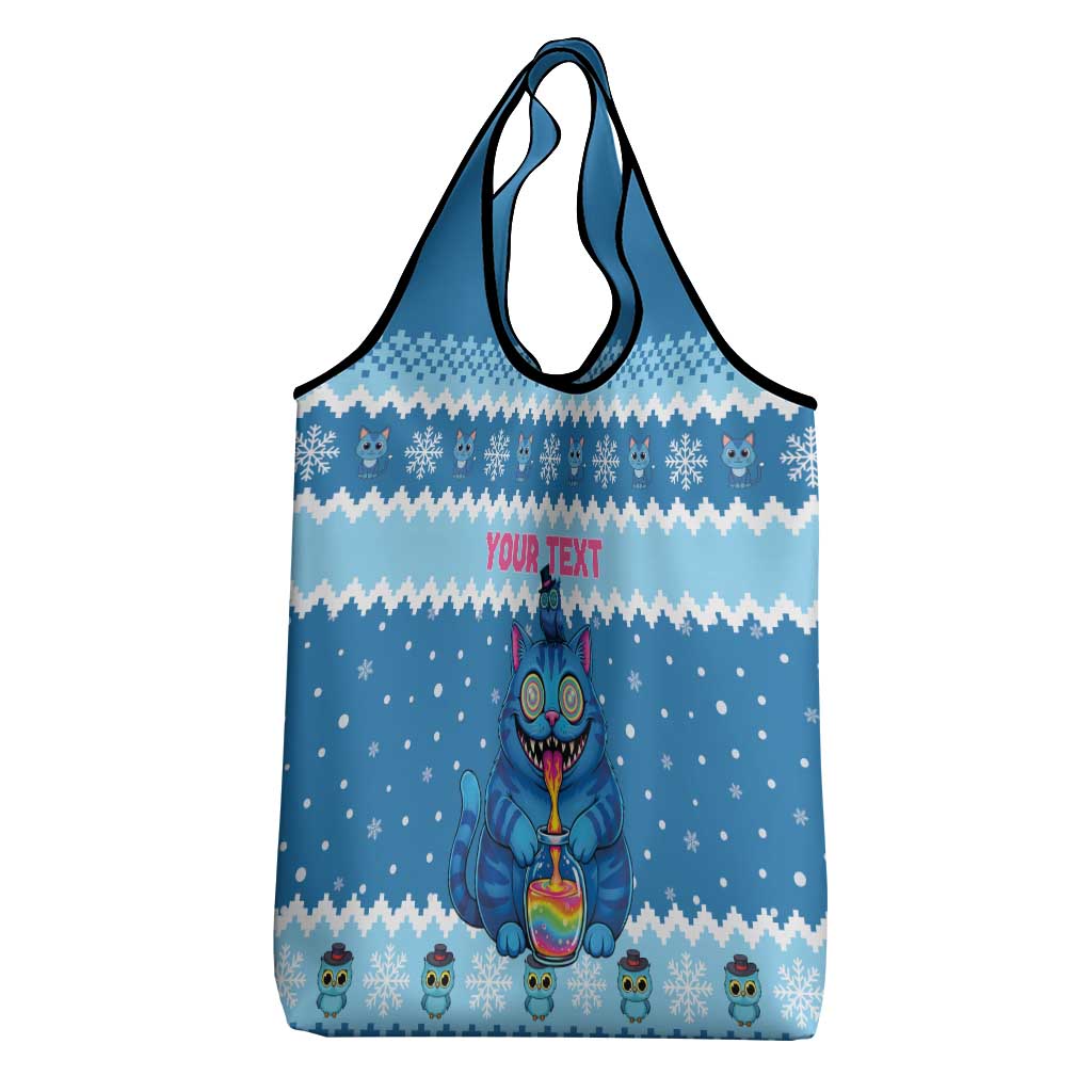 Personalized Trippy Catmas Grocery Bag Cute Blue Derpy Cat and Owl Companion - Wonder Print Shop