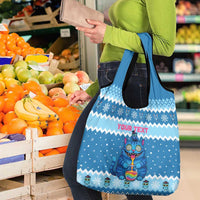 Personalized Trippy Catmas Grocery Bag Cute Blue Derpy Cat and Owl Companion - Wonder Print Shop