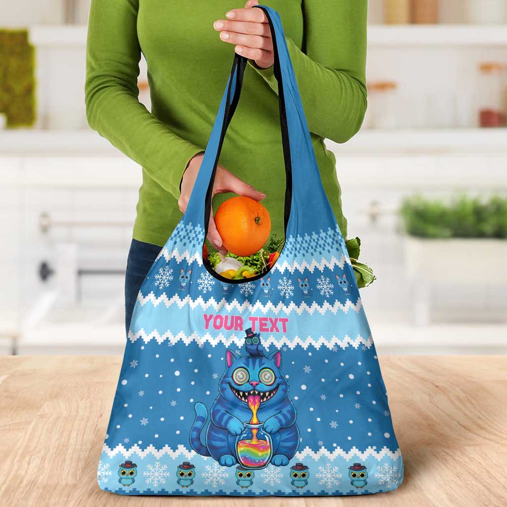 Personalized Trippy Catmas Grocery Bag Cute Blue Derpy Cat and Owl Companion - Wonder Print Shop
