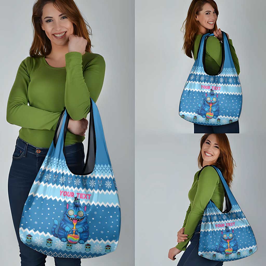 Personalized Trippy Catmas Grocery Bag Cute Blue Derpy Cat and Owl Companion - Wonder Print Shop