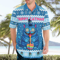 Personalized Trippy Catmas Hawaiian Shirt Cute Blue Derpy Cat and Owl Companion - Wonder Print Shop