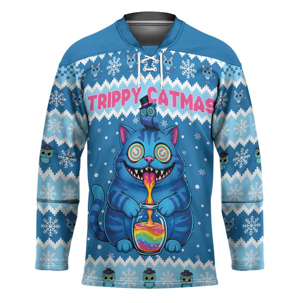 Personalized Trippy Catmas Hockey Jersey Cute Blue Derpy Cat and Owl Companion - Wonder Print Shop