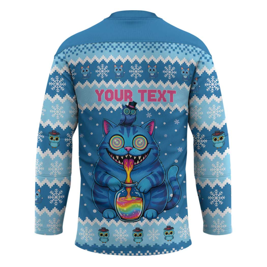 Personalized Trippy Catmas Hockey Jersey Cute Blue Derpy Cat and Owl Companion - Wonder Print Shop