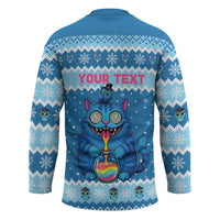 Personalized Trippy Catmas Hockey Jersey Cute Blue Derpy Cat and Owl Companion - Wonder Print Shop