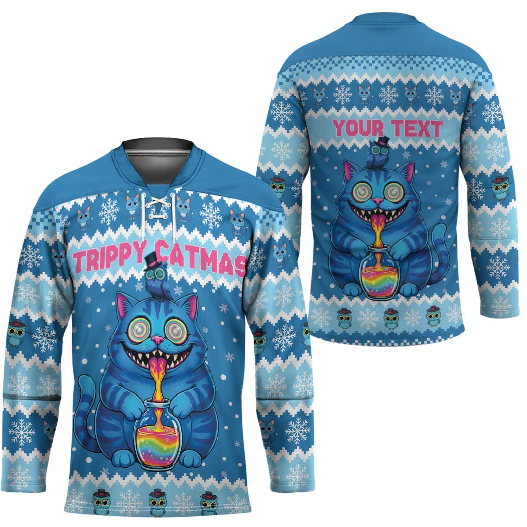 Personalized Trippy Catmas Hockey Jersey Cute Blue Derpy Cat and Owl Companion - Wonder Print Shop