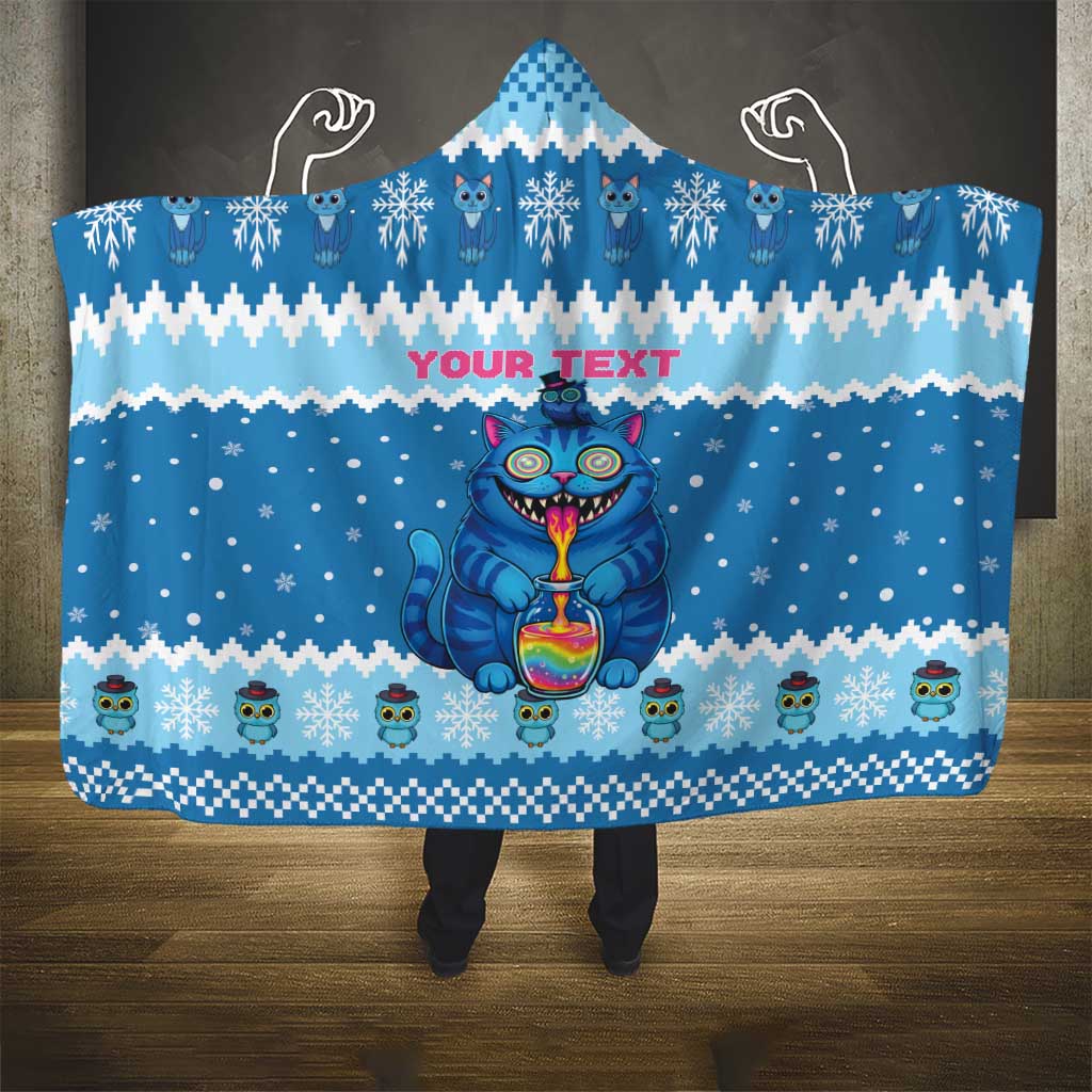 Personalized Trippy Catmas Hooded Blanket Cute Blue Derpy Cat and Owl Companion - Wonder Print Shop
