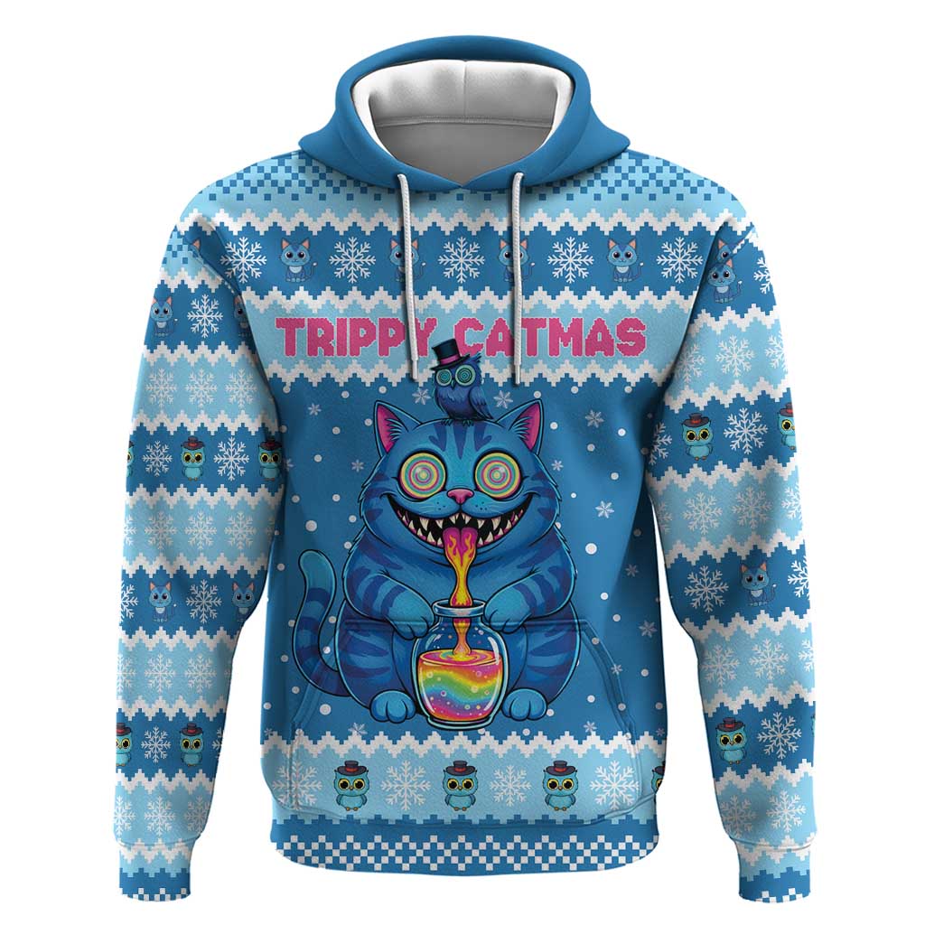 Personalized Trippy Catmas Hoodie Cute Blue Derpy Cat and Owl Companion - Wonder Print Shop