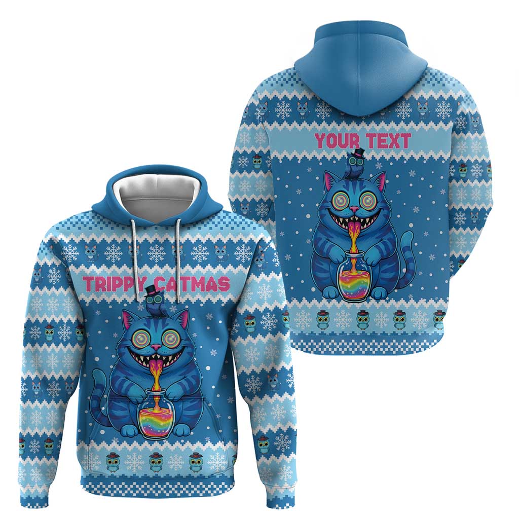 Personalized Trippy Catmas Hoodie Cute Blue Derpy Cat and Owl Companion - Wonder Print Shop