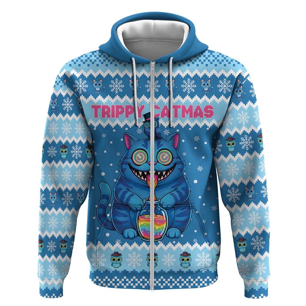 Personalized Trippy Catmas Hoodie Cute Blue Derpy Cat and Owl Companion - Wonder Print Shop