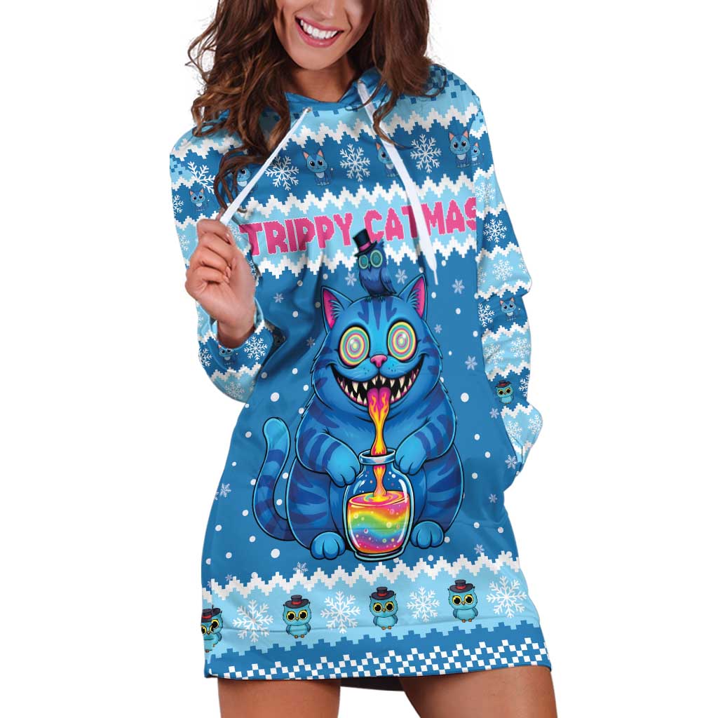 Personalized Trippy Catmas Hoodie Dress Cute Blue Derpy Cat and Owl Companion - Wonder Print Shop