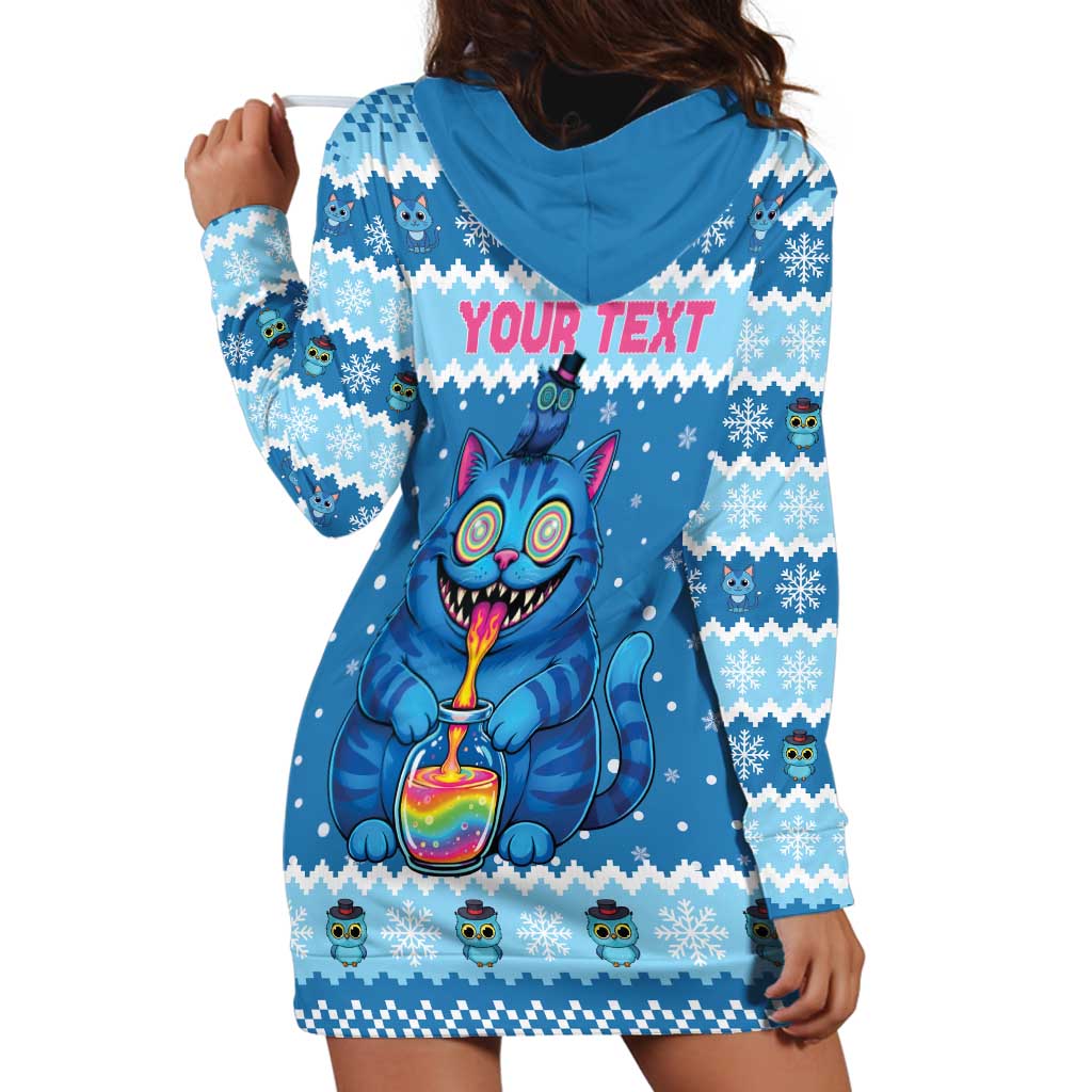 Personalized Trippy Catmas Hoodie Dress Cute Blue Derpy Cat and Owl Companion - Wonder Print Shop