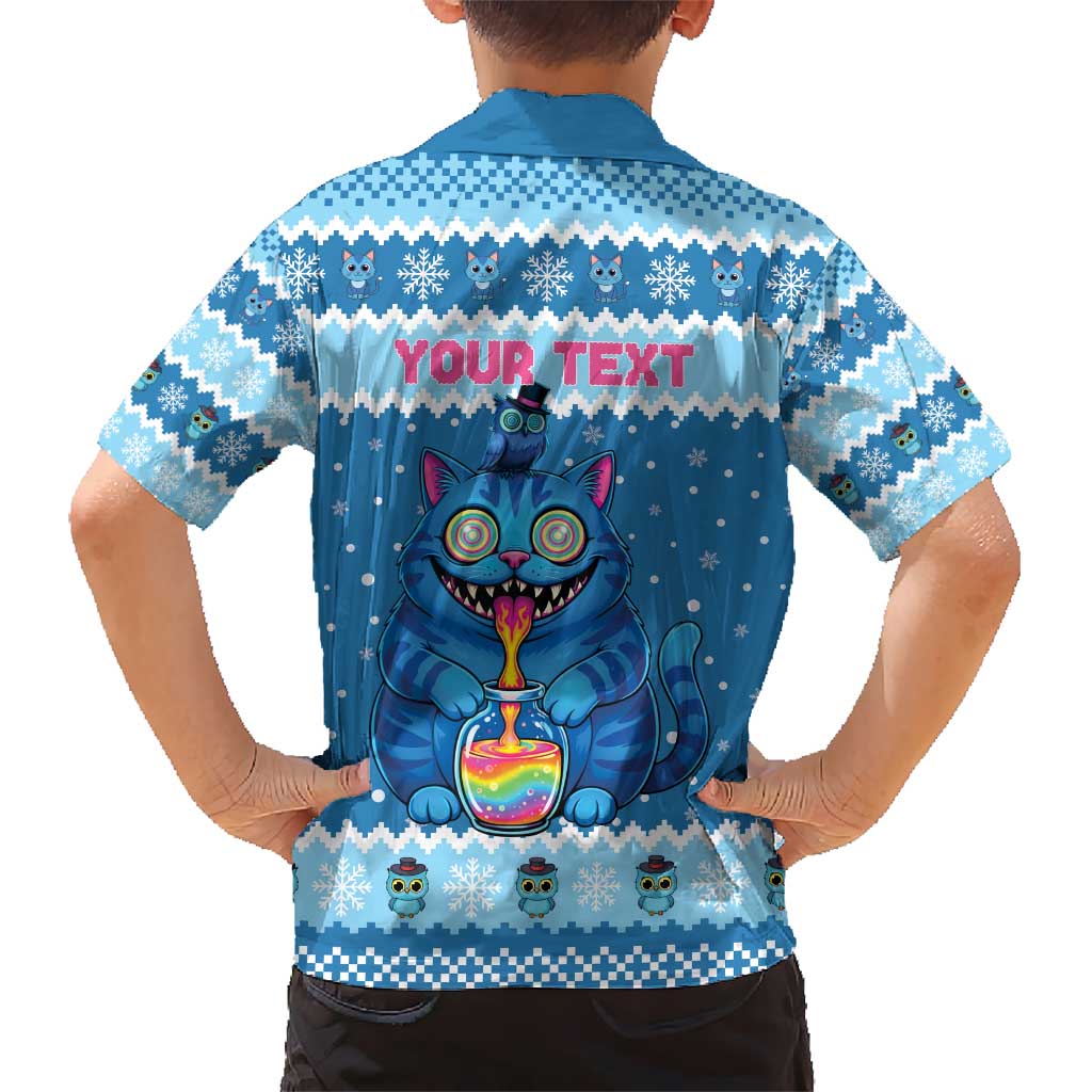 Personalized Trippy Catmas Kid Hawaiian Shirt Cute Blue Derpy Cat and Owl Companion - Wonder Print Shop