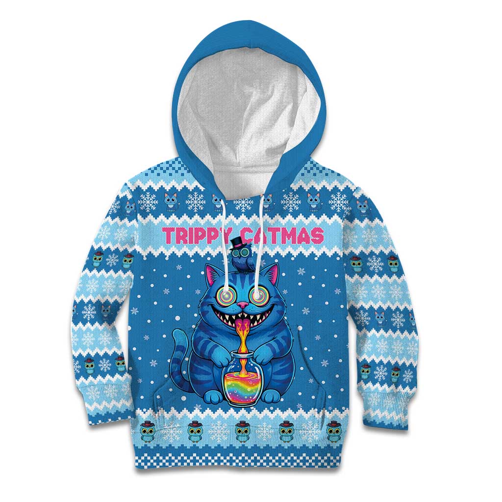 Personalized Trippy Catmas Kid Hoodie Cute Blue Derpy Cat and Owl Companion - Wonder Print Shop